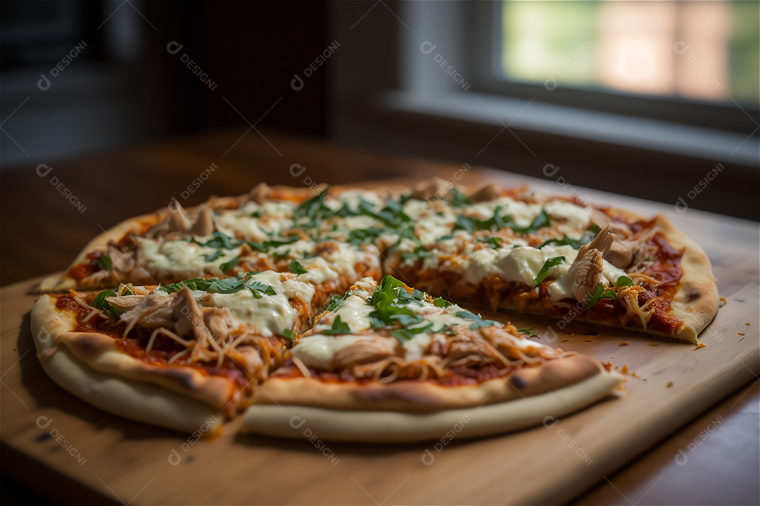 Deliciosa pizza caseira de frango inteiro em uma mesa de madeira rústica.