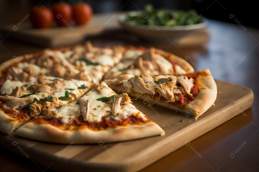 Deliciosa pizza caseira de frango inteiro em uma mesa de madeira rústica.