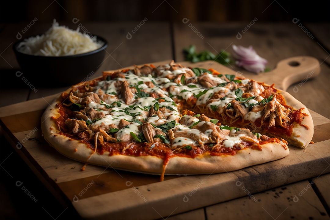 Deliciosa pizza caseira de camarão inteiro em uma mesa de madeira rústica