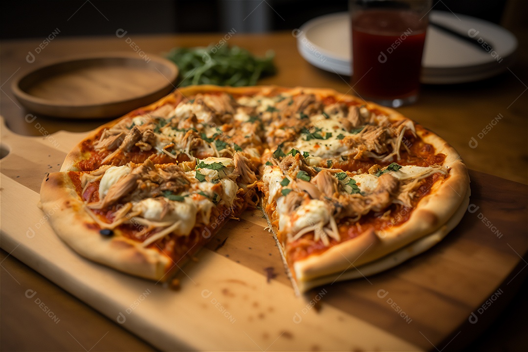 Deliciosa pizza caseira de camarão inteiro em uma mesa de madeira rústica
