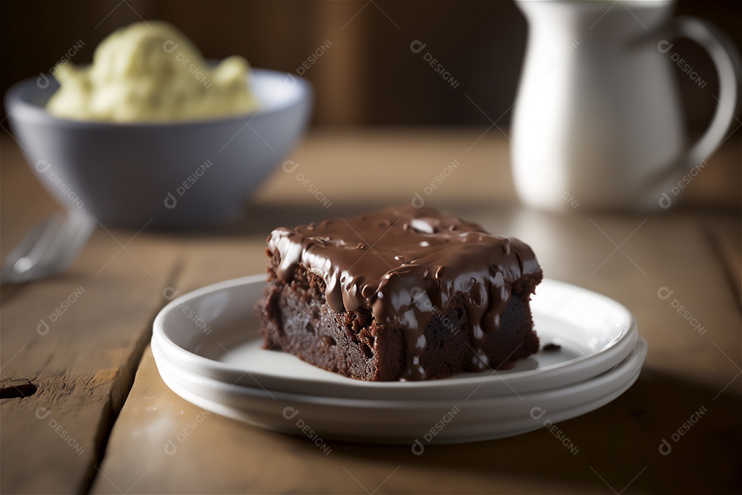 Delicioso brownie de chocolate caseiro em placa de cerâmica branca na mesa de madeira rústica