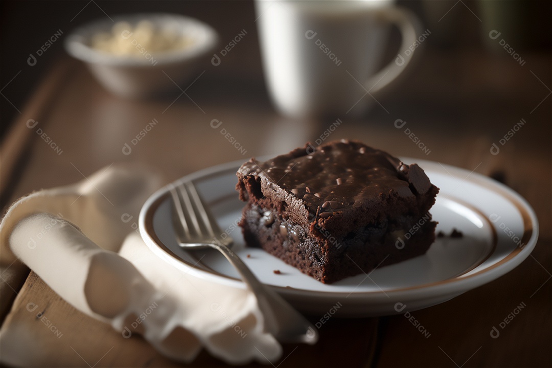 Delicioso brownie de chocolate caseiro em placa de cerâmica branca na mesa de madeira rústica