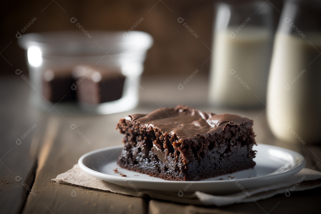Delicioso brownie de chocolate caseiro em placa de cerâmica branca na mesa de madeira rústica