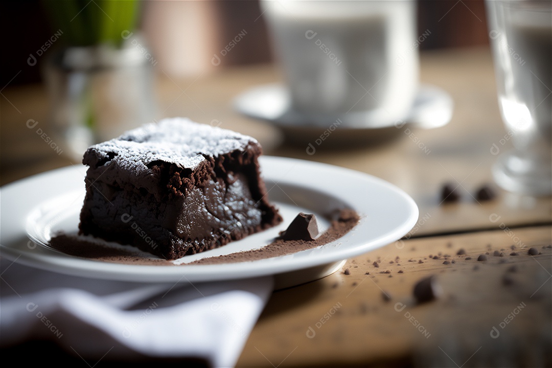 Delicioso brownie de chocolate caseiro em placa de cerâmica branca na mesa de madeira rústica