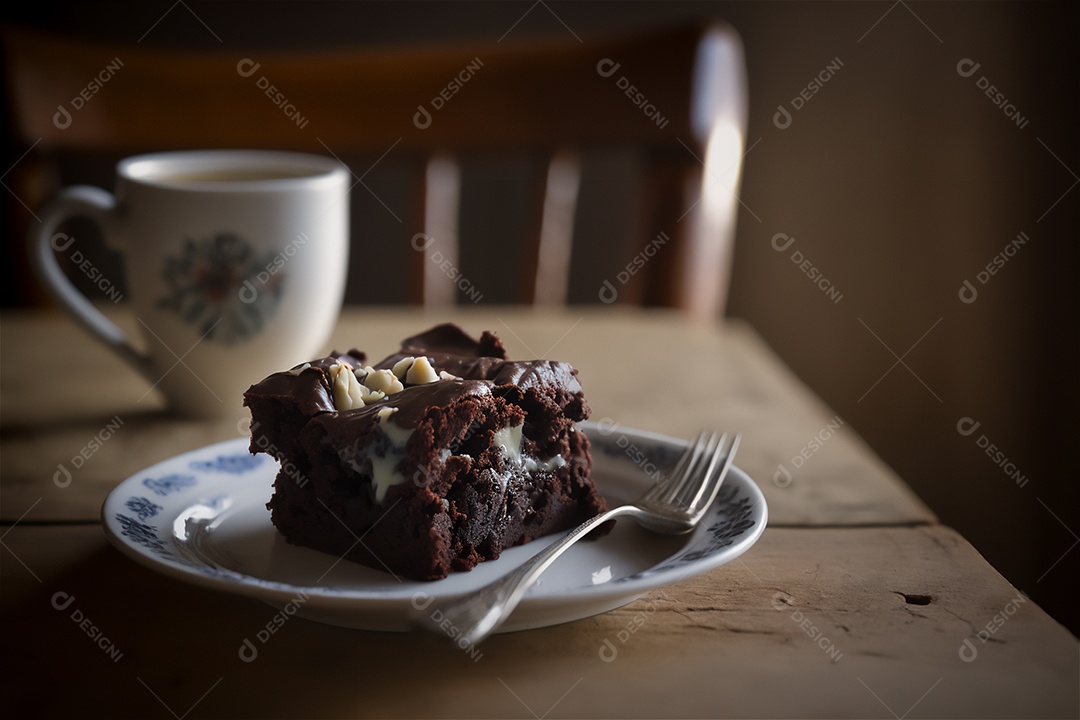 Delicioso brownie de chocolate caseiro em placa de cerâmica branca na mesa de madeira rústica