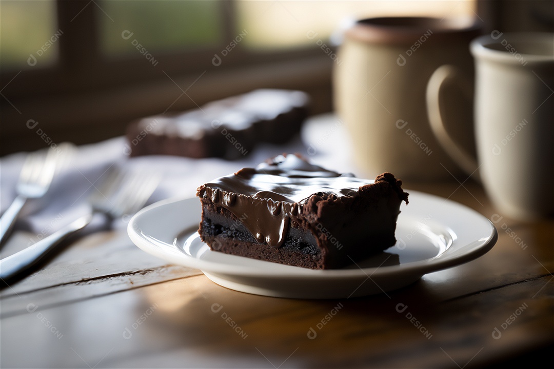 Delicioso brownie de chocolate caseiro em placa de cerâmica branca na mesa de madeira rústica