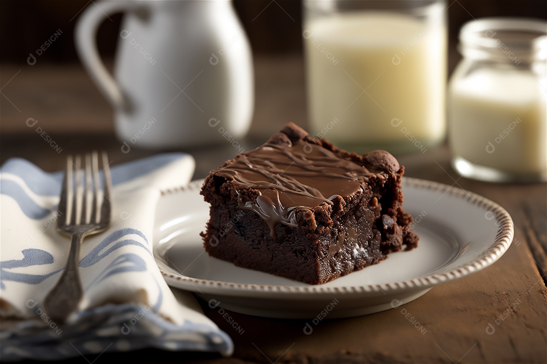 Delicioso brownie de chocolate caseiro em placa de cerâmica branca na mesa de madeira rústica