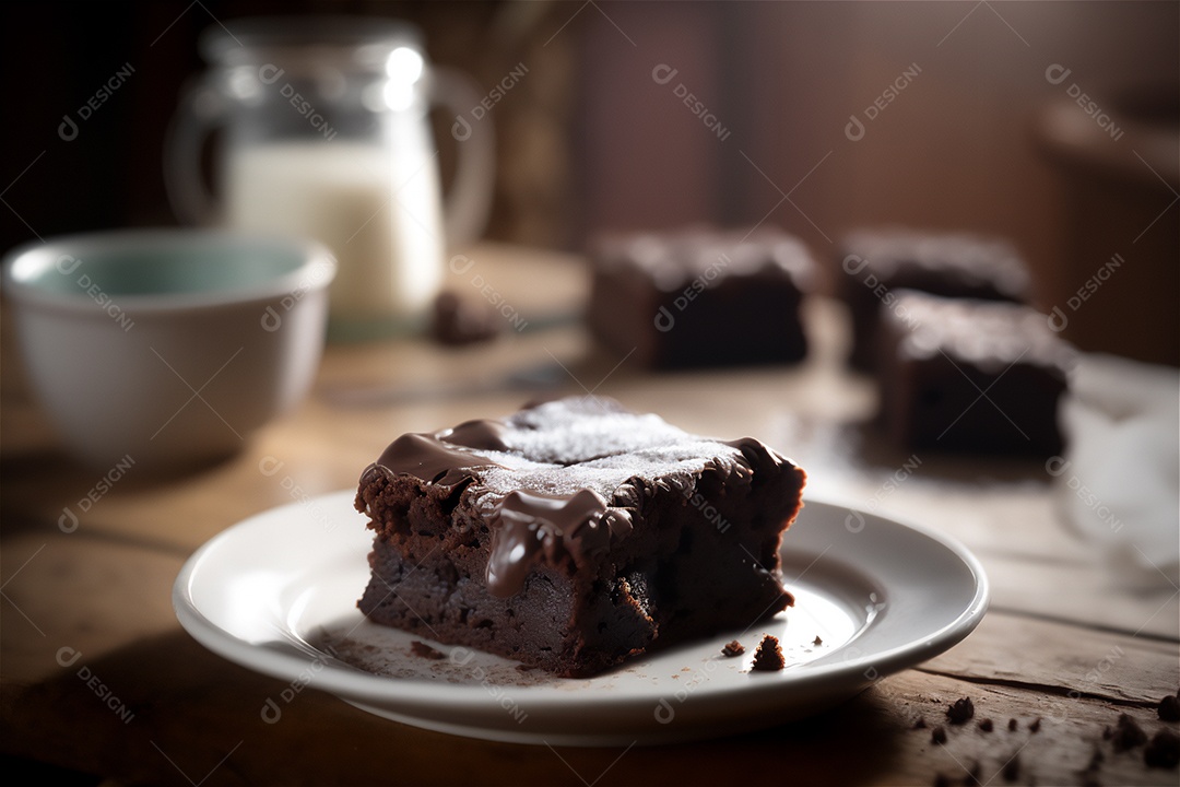 Delicioso brownie de chocolate caseiro em placa de cerâmica branca na mesa de madeira rústica