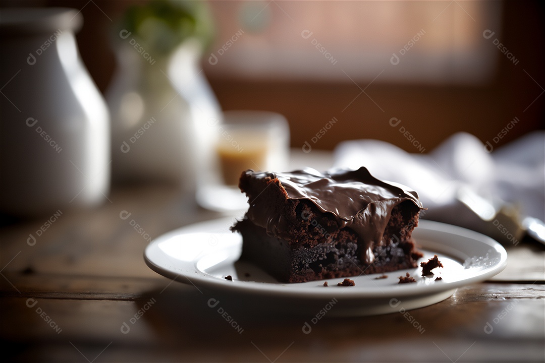Delicioso brownie de chocolate caseiro em placa de cerâmica branca na mesa de madeira rústica