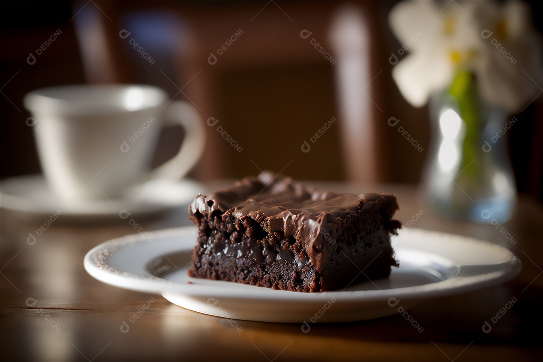 Delicioso brownie de chocolate caseiro em placa de cerâmica branca na mesa de madeira rústica