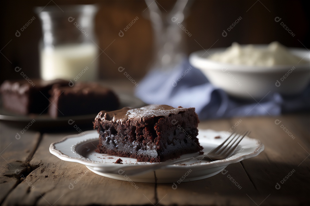 Delicioso brownie de chocolate caseiro em placa de cerâmica branca na mesa de madeira rústica
