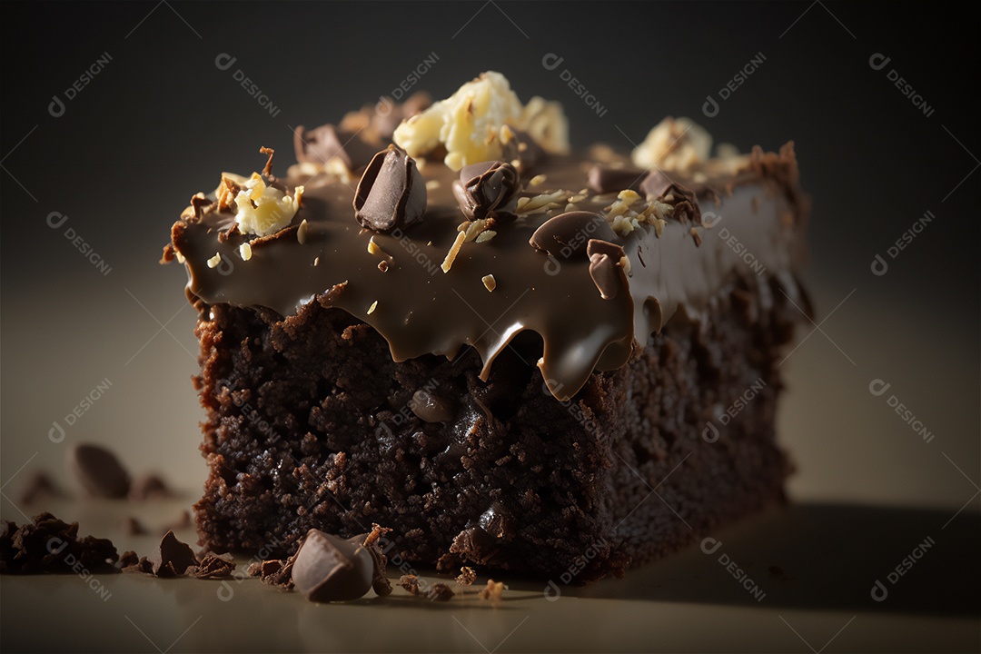 Delicioso brownie de chocolate caseiro em placa de cerâmica branca na mesa de madeira rústica