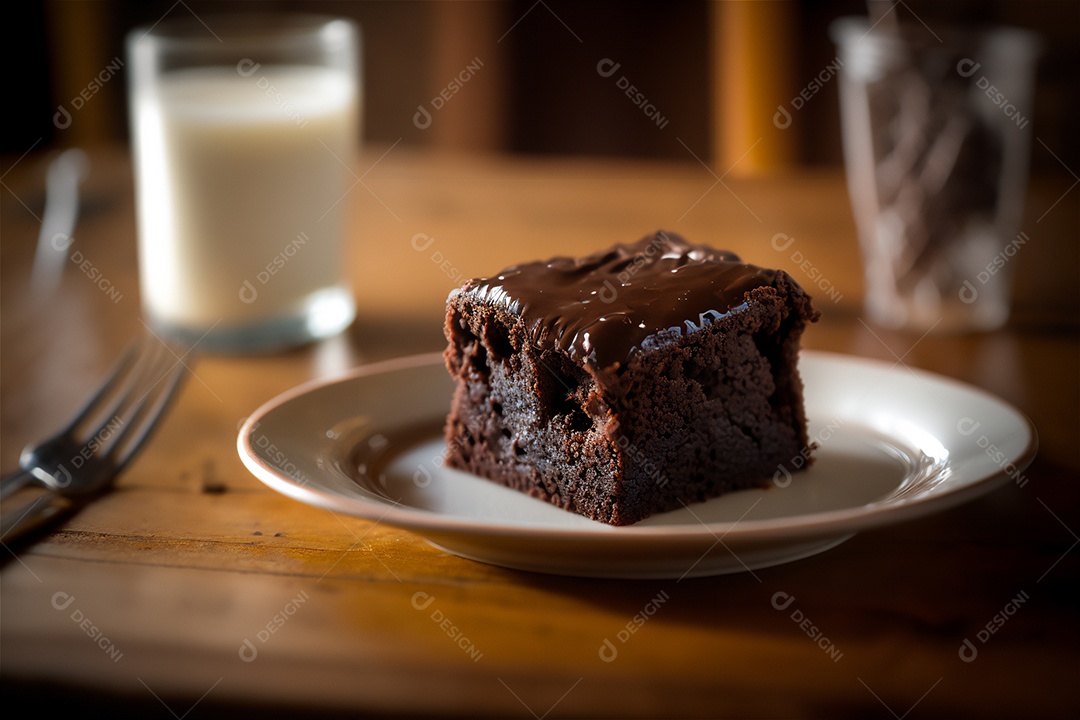 Delicioso brownie de chocolate caseiro em placa de cerâmica branca na mesa de madeira rústica