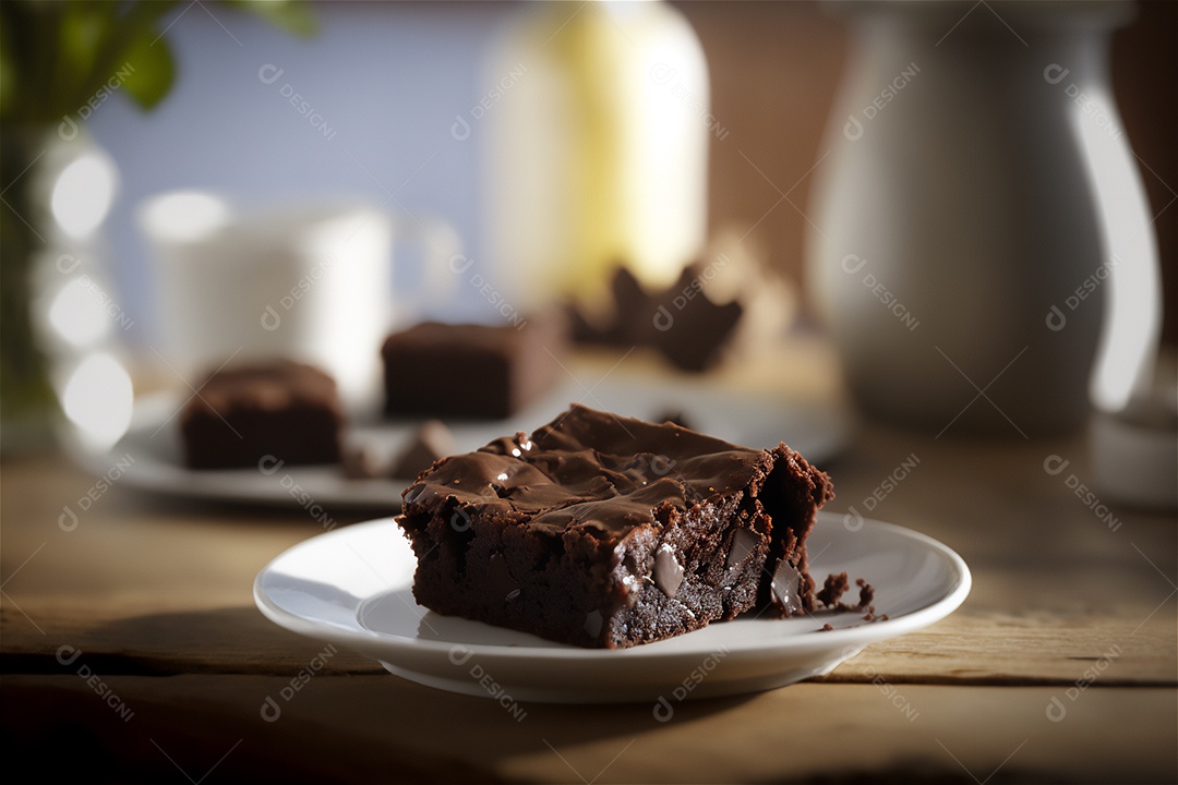 Delicioso brownie de chocolate caseiro em placa de cerâmica branca na mesa de madeira rústica