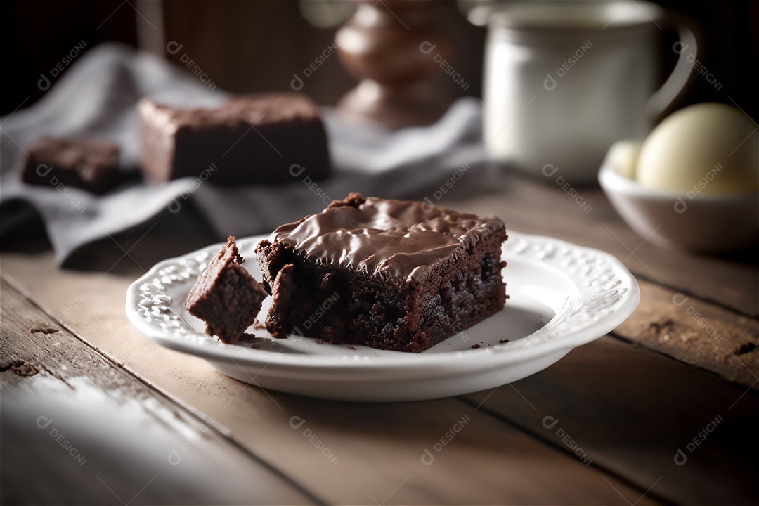 Delicioso brownie de chocolate caseiro em placa de cerâmica branca na mesa de madeira rústica