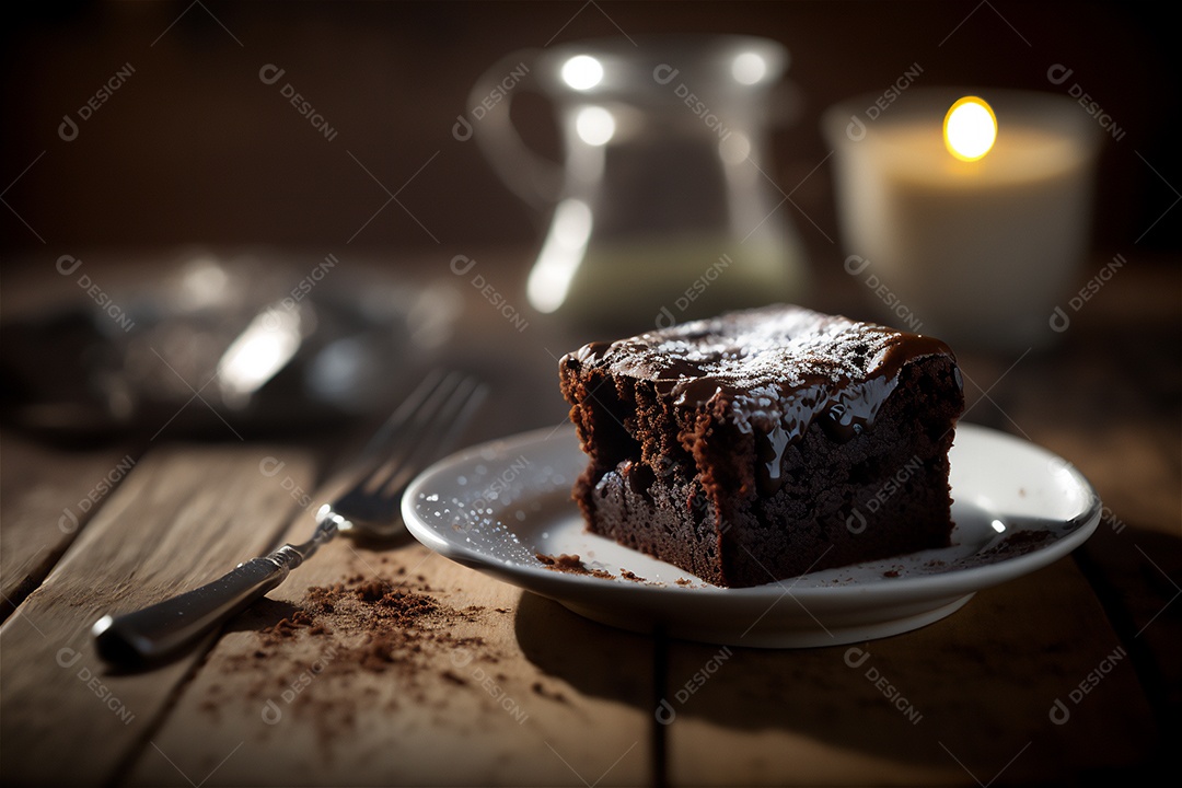 Delicioso brownie de chocolate caseiro em placa de cerâmica branca na mesa de madeira rústica