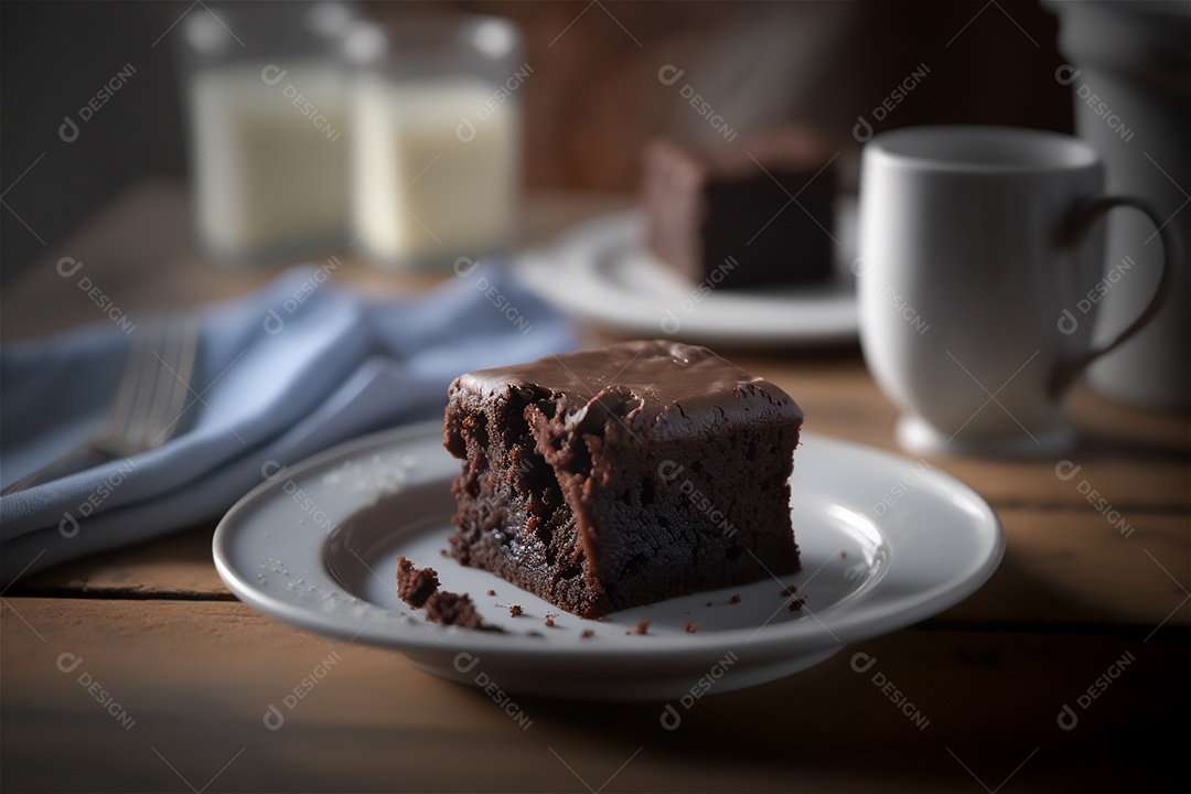 Delicioso brownie de chocolate caseiro em placa de cerâmica branca na mesa de madeira rústica