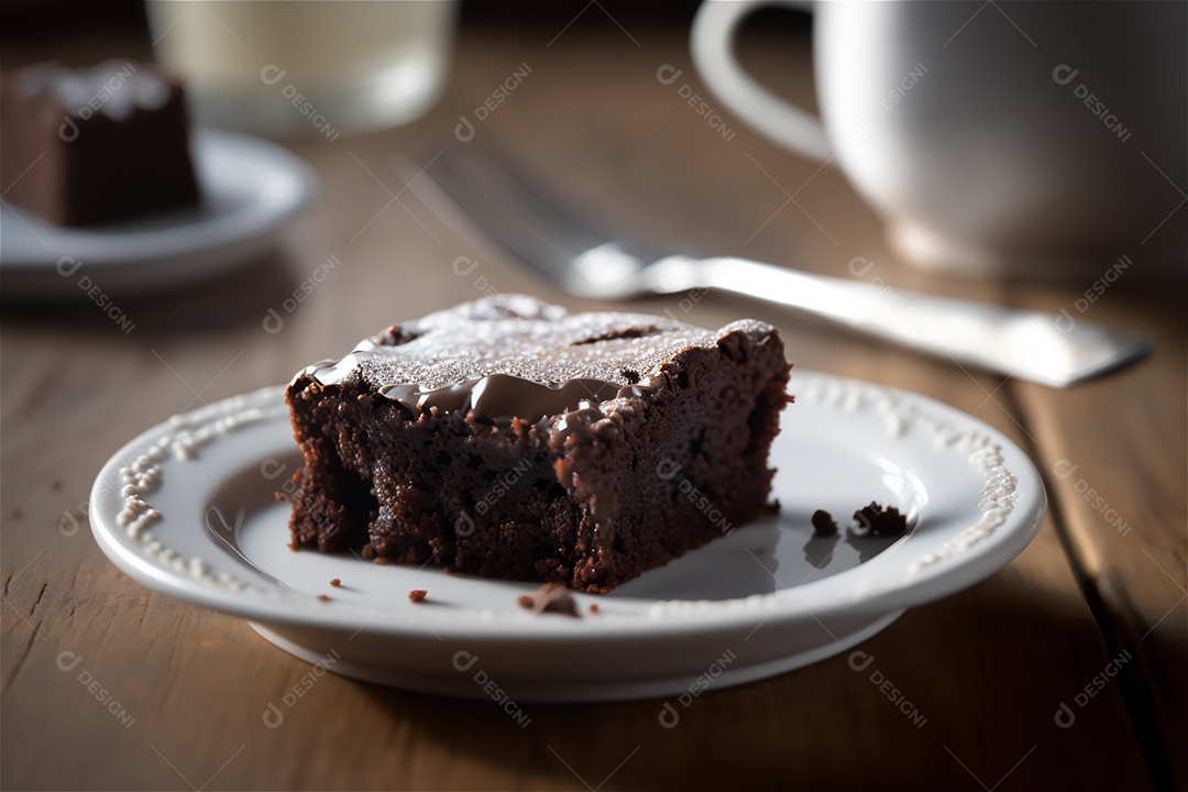 Delicioso brownie de chocolate caseiro em placa de cerâmica branca na mesa de madeira rústica
