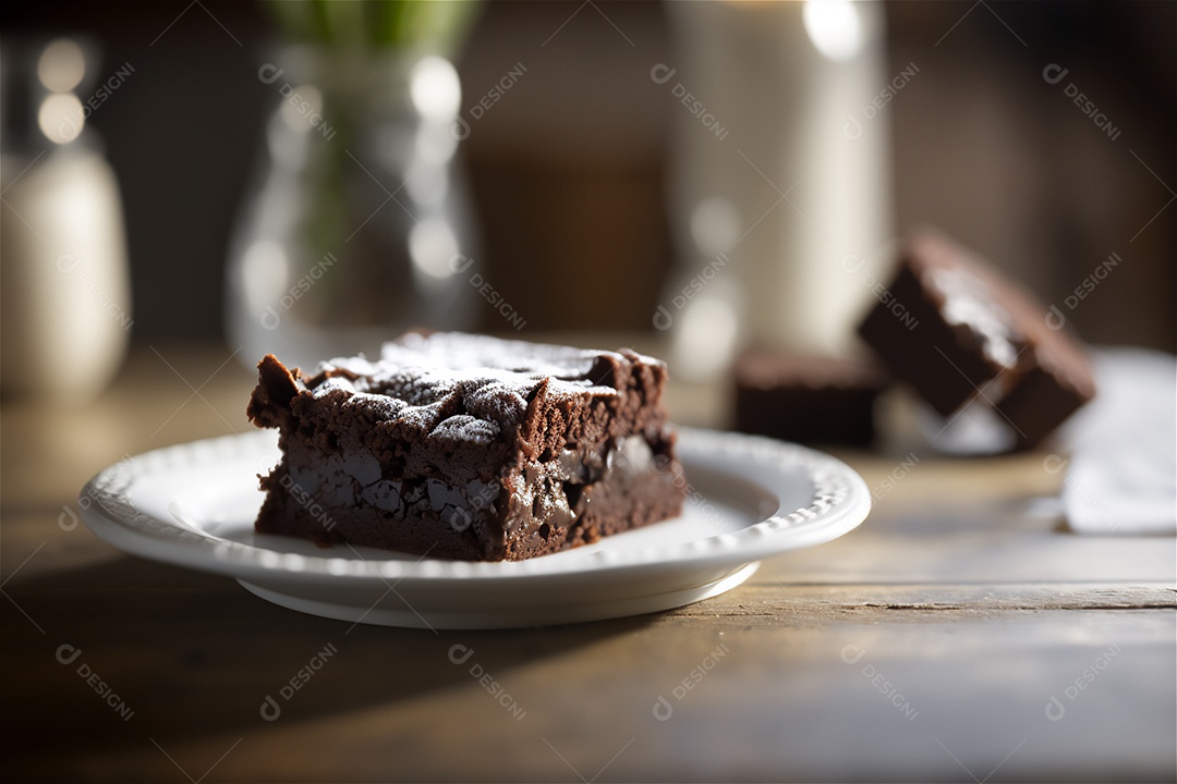Delicioso brownie de chocolate caseiro em placa de cerâmica branca na mesa de madeira rústica