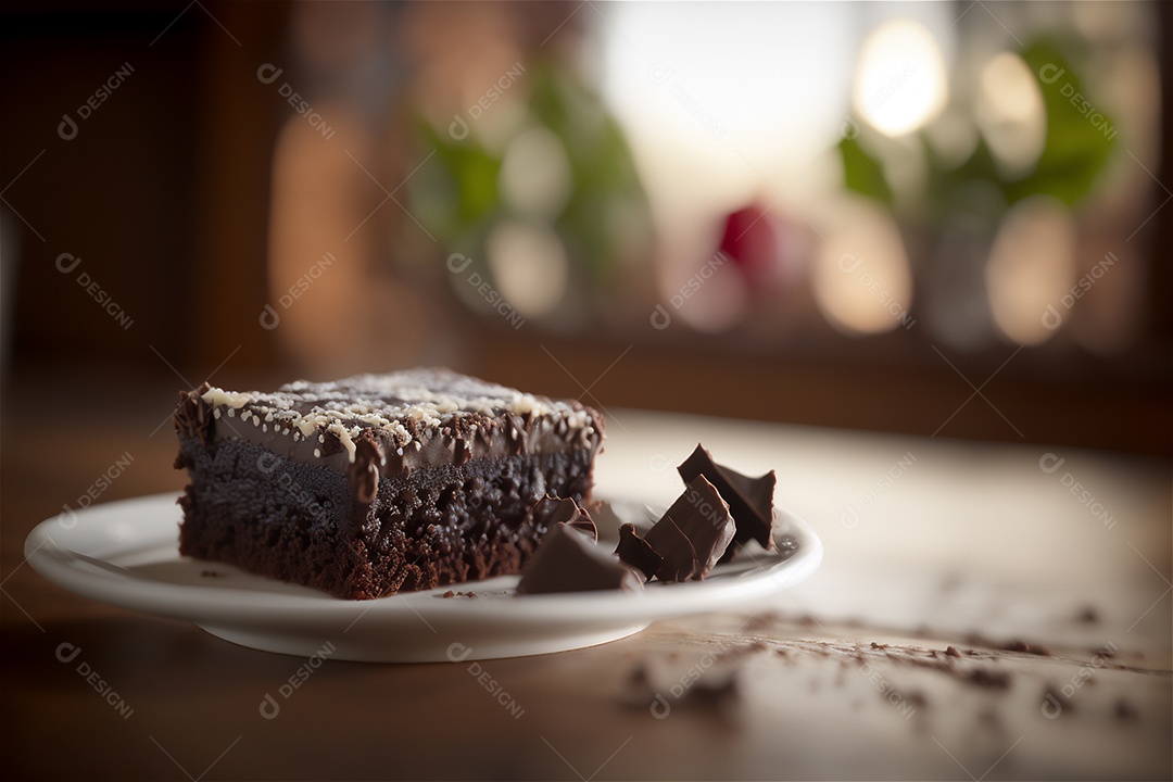 Delicioso brownie de chocolate caseiro em placa de cerâmica branca na mesa de madeira rústica