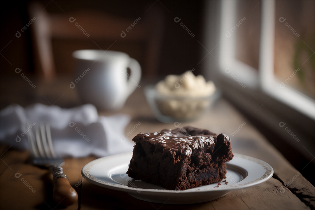 Delicioso brownie de chocolate caseiro em placa de cerâmica branca na mesa de madeira rústica