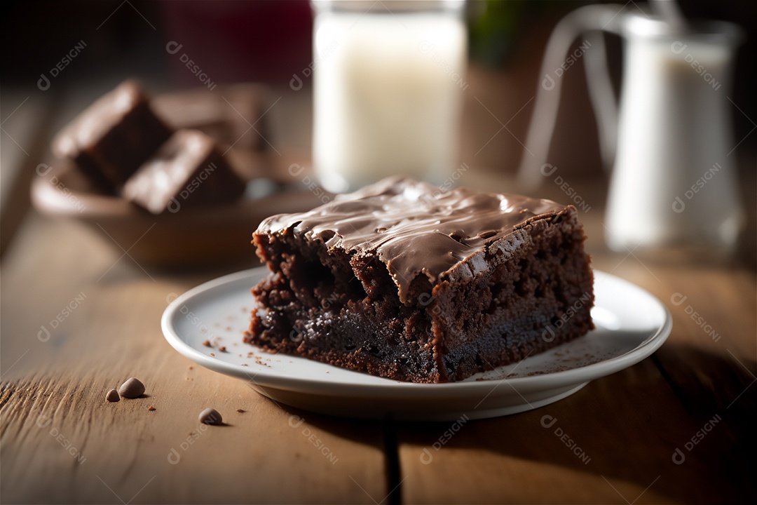 Delicioso brownie de chocolate caseiro em placa de cerâmica branca na mesa de madeira rústica