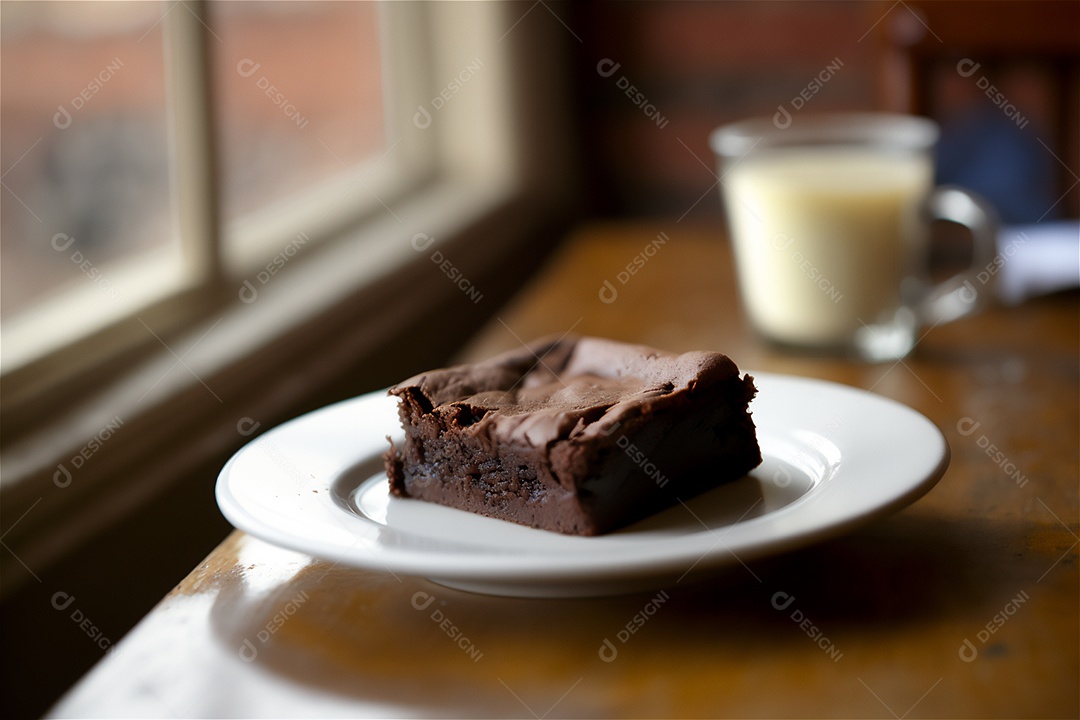 Delicioso brownie de chocolate caseiro em placa de cerâmica branca na mesa de madeira rústica