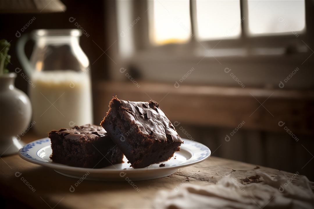 Delicioso brownie de chocolate caseiro em placa de cerâmica branca na mesa de madeira rústica