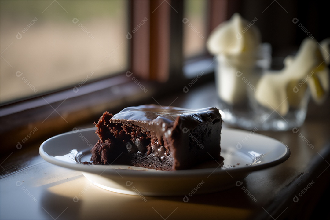 Delicioso brownie de chocolate caseiro em placa de cerâmica branca na mesa de madeira rústica