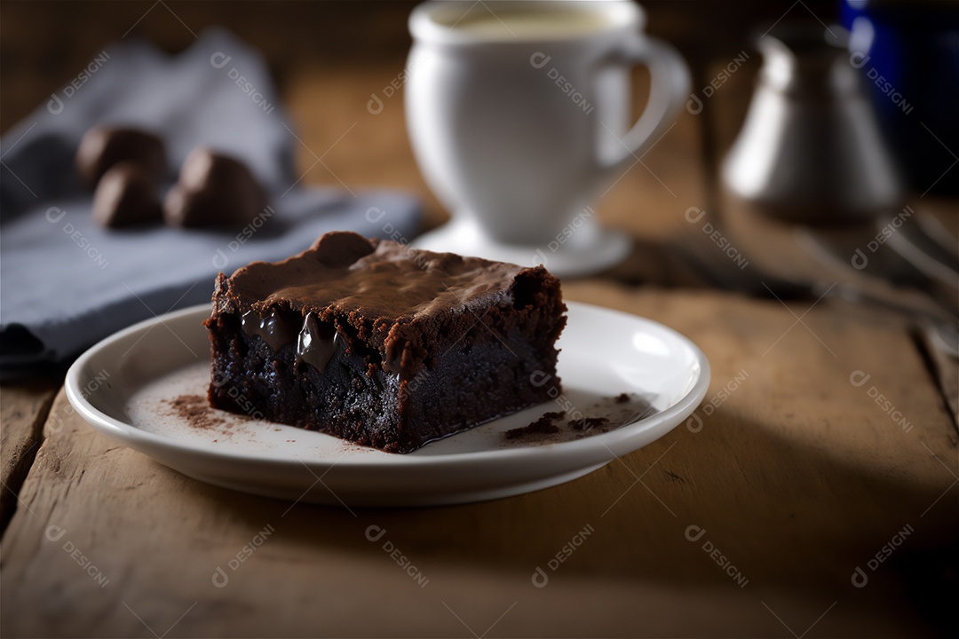 Delicioso brownie de chocolate caseiro em placa de cerâmica branca na mesa de madeira rústica