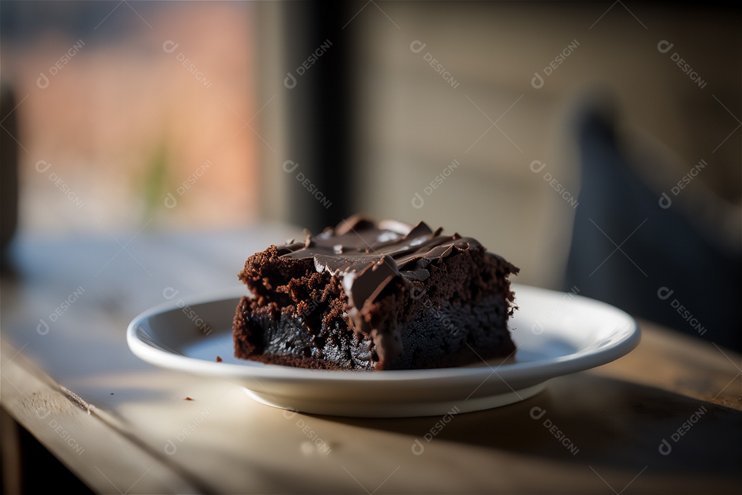 Delicioso brownie de chocolate caseiro em placa de cerâmica branca na mesa de madeira rústica