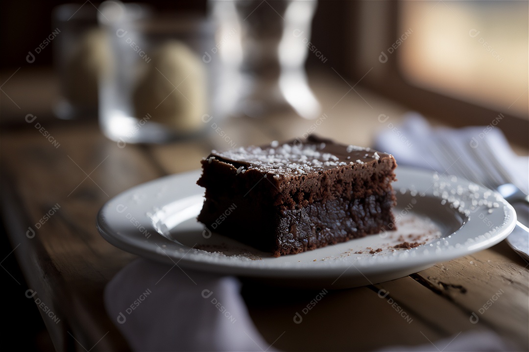 Delicioso brownie de chocolate caseiro em placa de cerâmica branca na mesa de madeira rústica