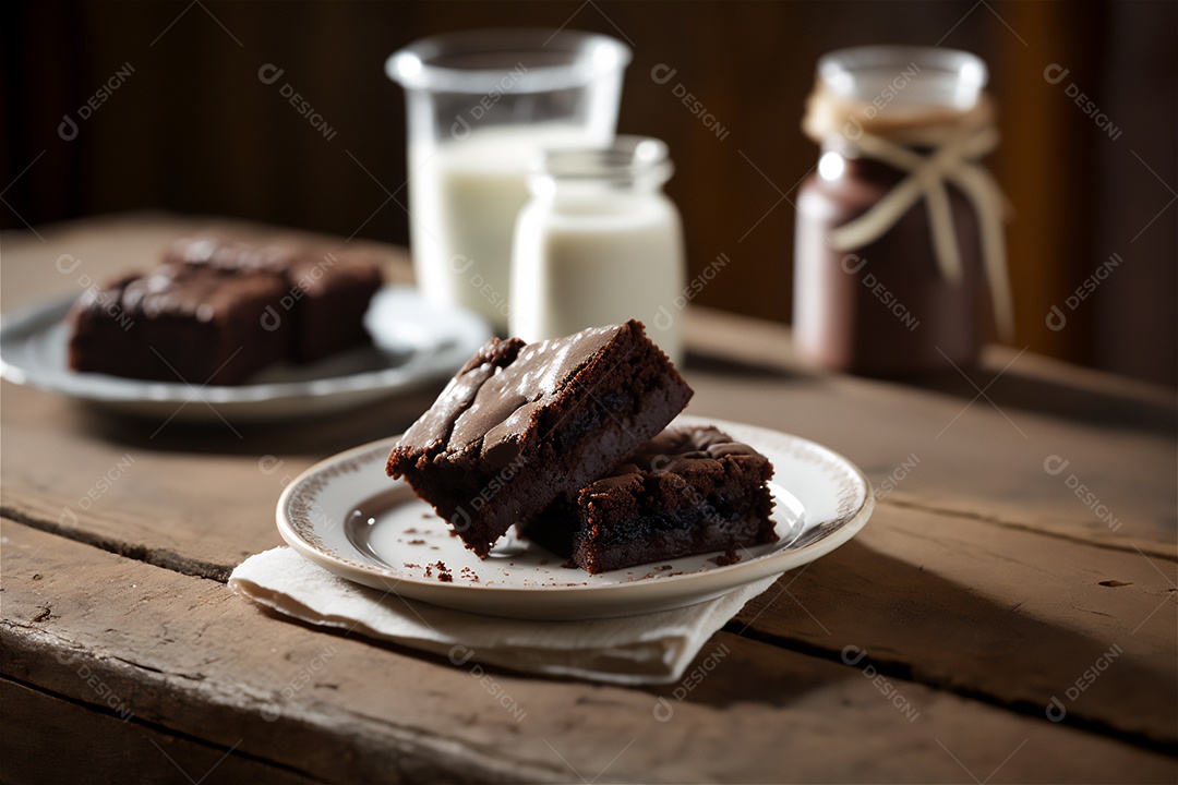 Delicioso brownie de chocolate caseiro em placa de cerâmica branca na mesa de madeira rústica