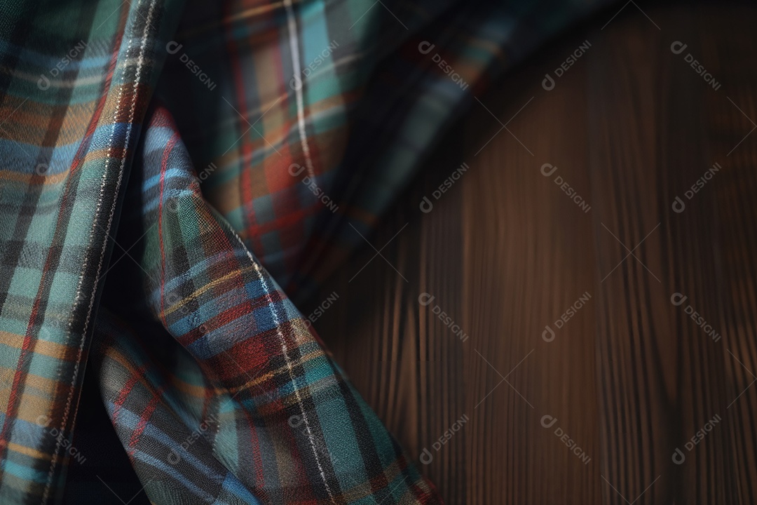 Tecido pano xadrez sobre uma mesa de madeira