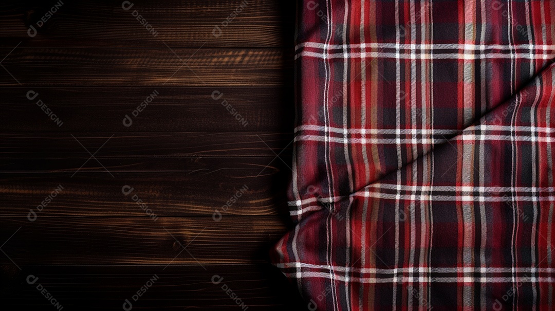 Tecido pano xadrez sobre uma mesa de madeira