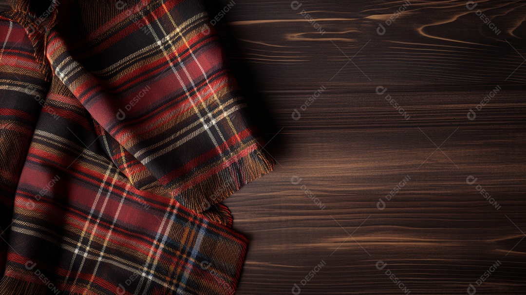 Tecido pano xadrez sobre uma mesa de madeira