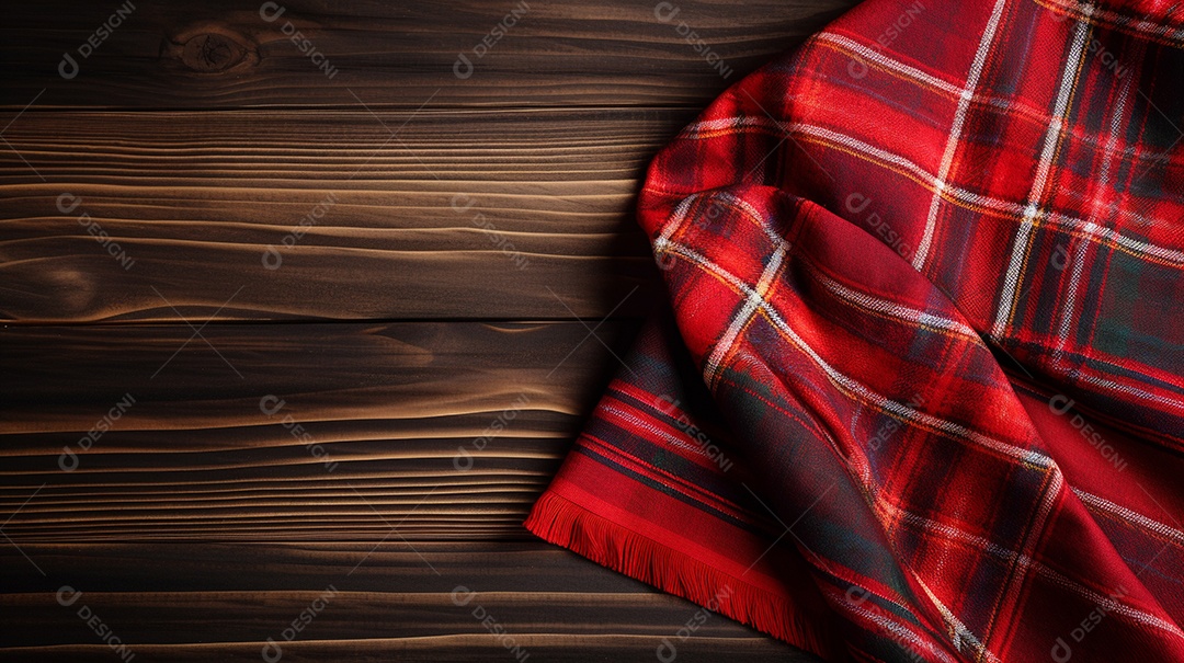 Tecido pano xadrez sobre uma mesa de madeira