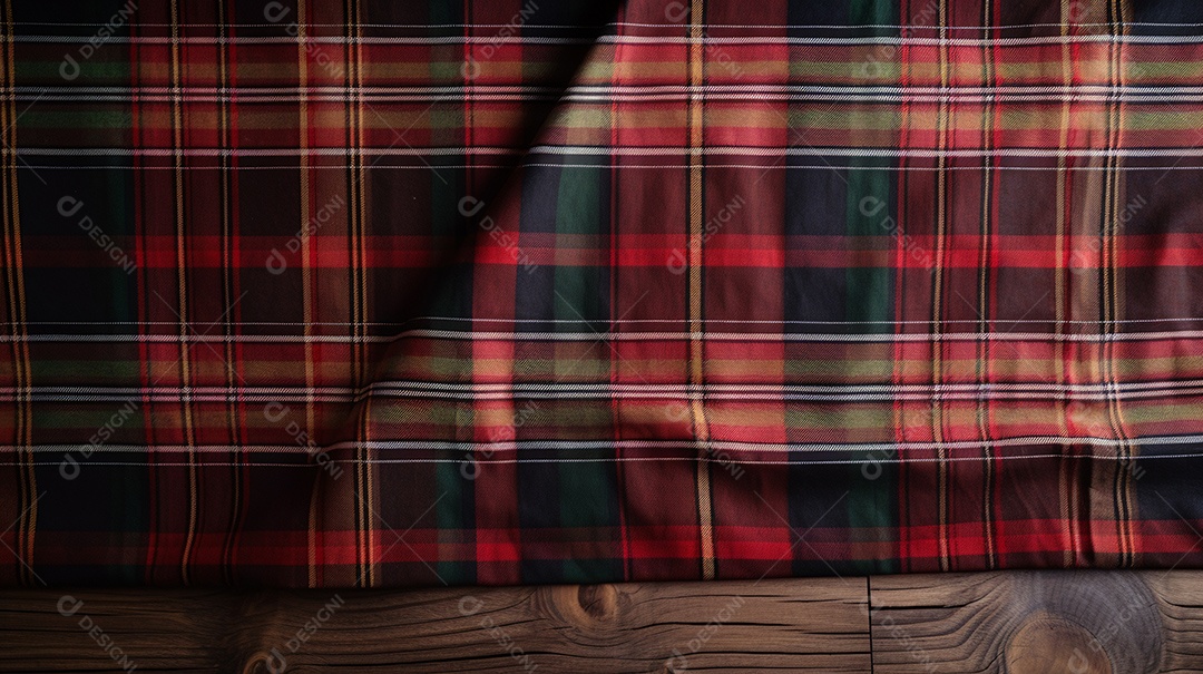 Tecido pano xadrez sobre uma mesa de madeira