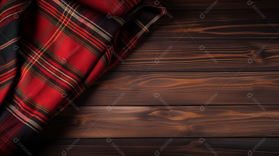 Tecido pano xadrez sobre uma mesa de madeira