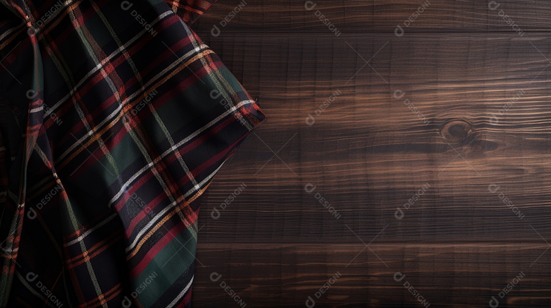 Tecido pano xadrez sobre uma mesa de madeira