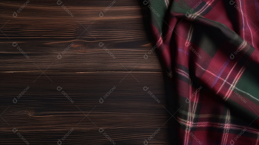 Tecido pano xadrez sobre uma mesa de madeira