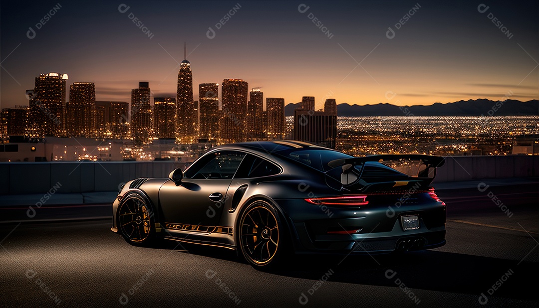 Imagem realista de carro esportivo sobre uma rua deserta.