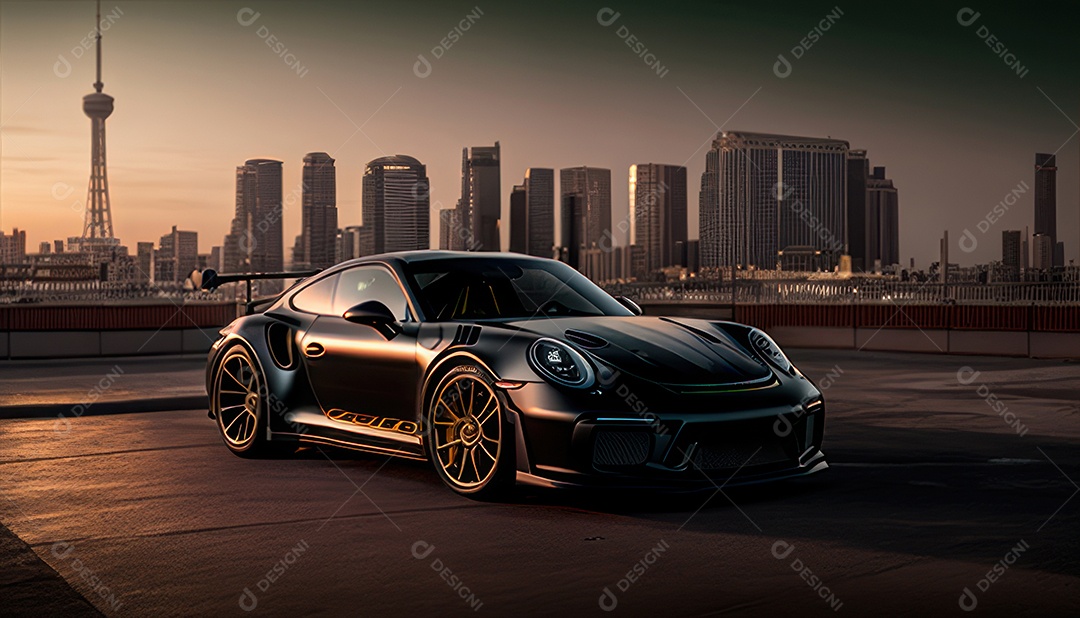 Imagem realista de carro esportivo sobre uma rua deserta.