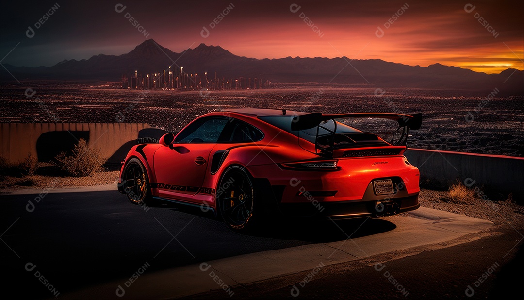 Imagem realista de carro esportivo sobre uma rua deserta.