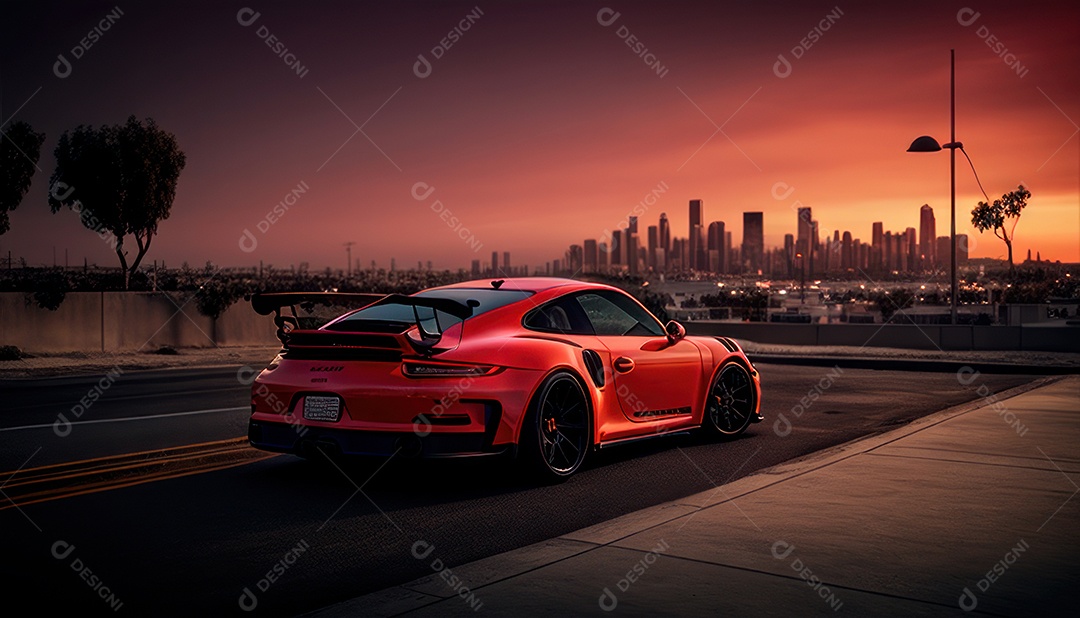 Imagem realista de carro esportivo sobre uma rua deserta.