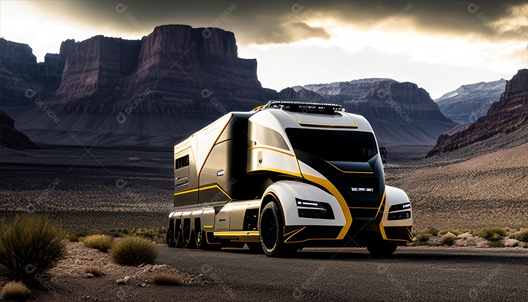 Imagem realista de caminhão sobre uma rua deserta.