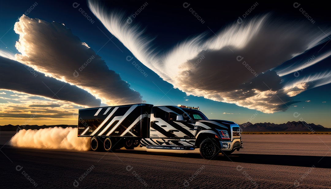 Imagem realista de caminhão sobre uma rua deserta.