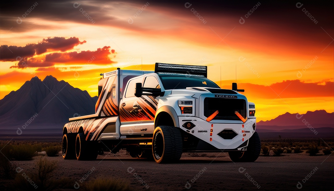 Imagem realista de carro esportivo sobre uma rua deserta.