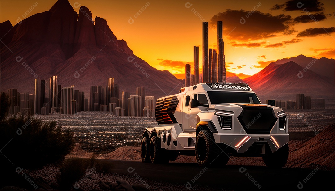 Imagem realista de carro esportivo sobre uma rua deserta.