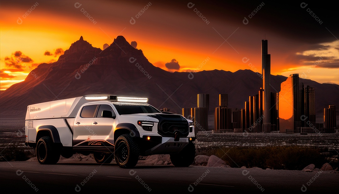 Imagem realista de carro esportivo sobre uma rua deserta.